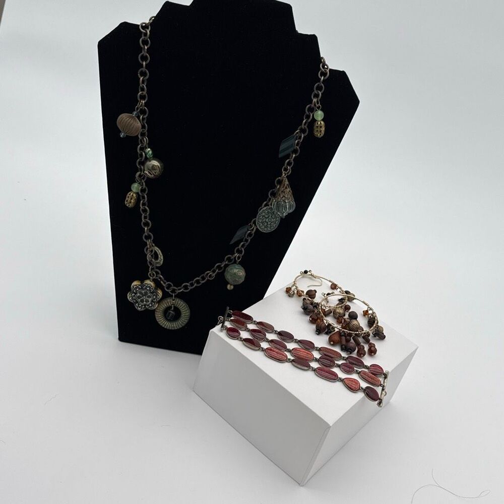 Vintage Boho Statement Set 5.5” Long Dangle Earrings Charm Necklace Triple Stran